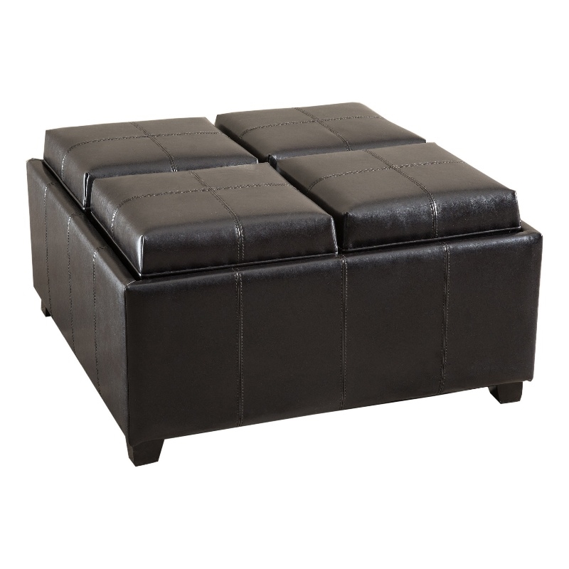 Benjara Storage Ottoman- Tufted Chocolate Brown Faux Leather- 35