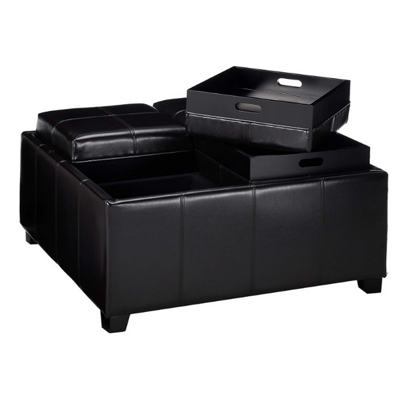 Benjara Storage Ottoman- Tufted Chocolate Brown Faux Leather- 35