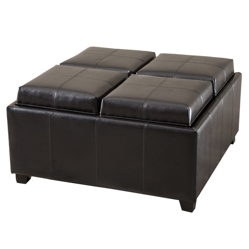 Benjara Storage Ottoman- Tufted Chocolate Brown Faux Leather- 35