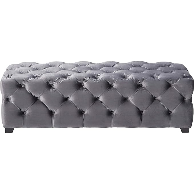 Benjara Ottoman Bench- Button Tufted Gray Velvet- Soft Cushions- 51 Inch