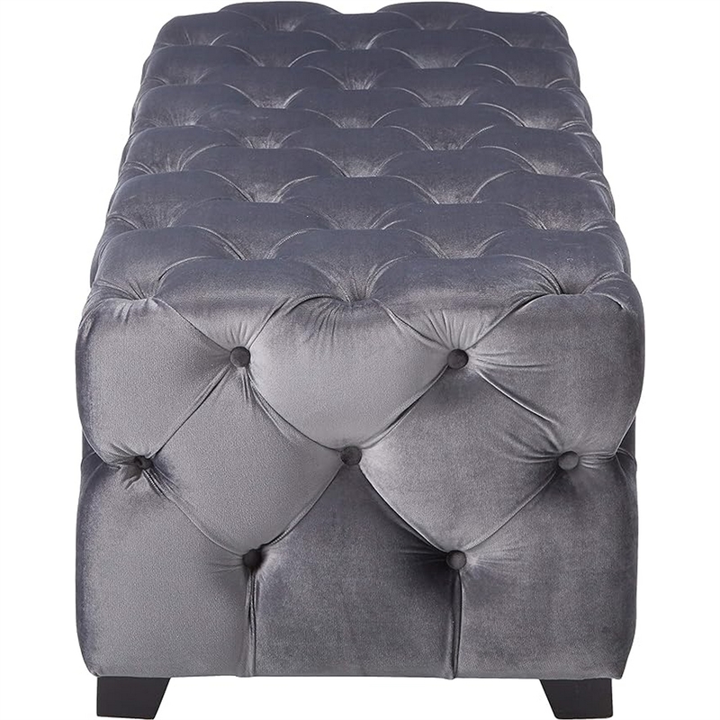 Benjara Ottoman Bench- Button Tufted Gray Velvet- Soft Cushions- 51 Inch