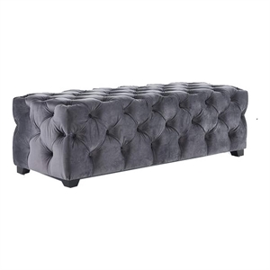 Benjara Ottoman Bench- Button Tufted Gray Velvet- Soft Cushions- 51 Inch