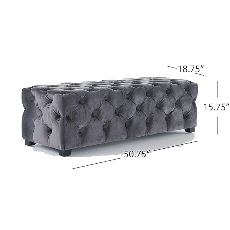Benjara Ottoman Bench- Button Tufted Gray Velvet- Soft Cushions- 51 Inch