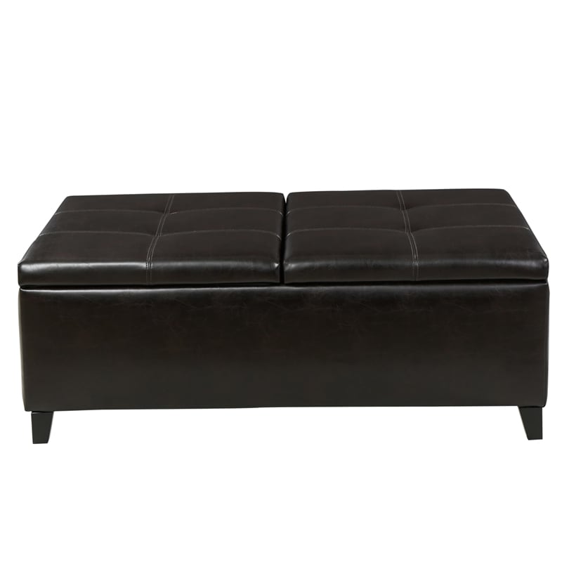 Benjara Lannie Storage Ottoman- Dual Top- Rich Brown Faux Leather- 48 Inch