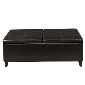 Benjara Lannie Storage Ottoman- Dual Top- Rich Brown Faux Leather- 48 Inch