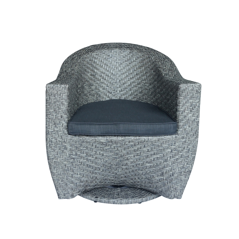 Benjara Nicki Outdoor Swivel Chair- Gray Rattan Wicker- Black Fabric Cushion