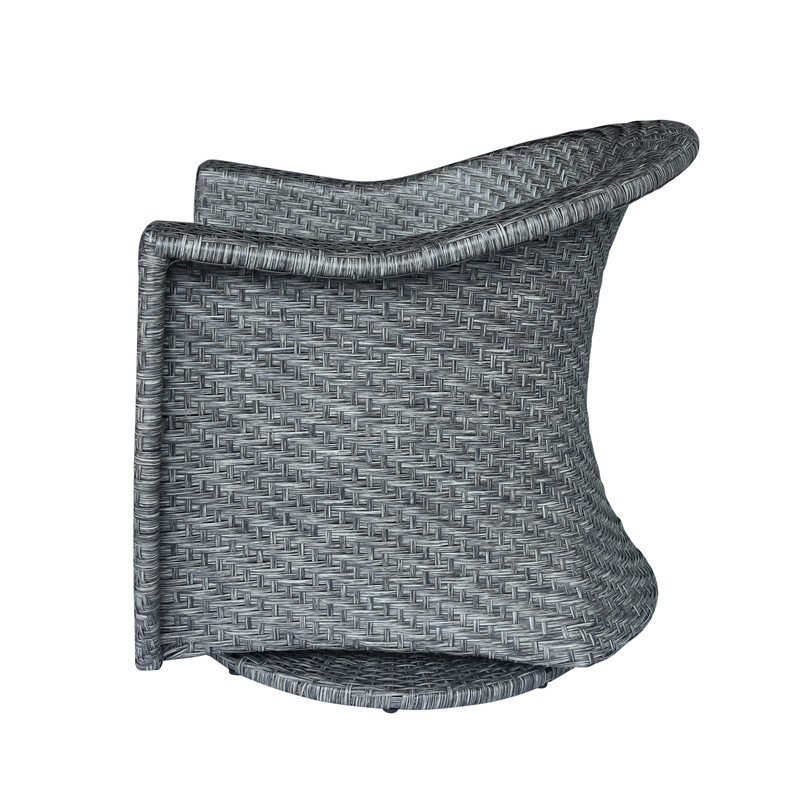 Benjara Nicki Outdoor Swivel Chair- Gray Rattan Wicker- Black Fabric Cushion