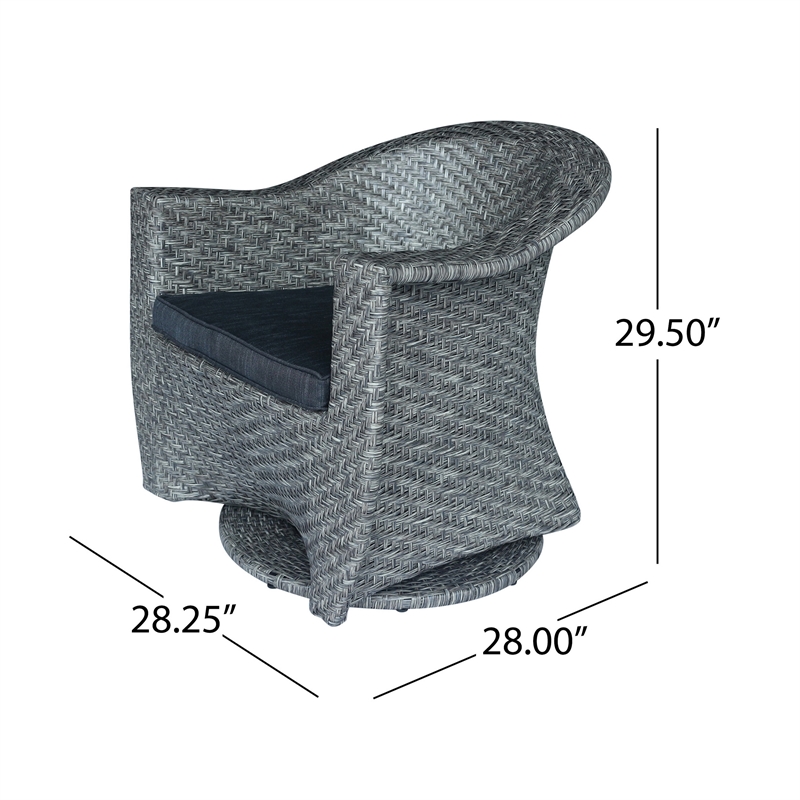 Benjara Nicki Outdoor Swivel Chair- Gray Rattan Wicker- Black Fabric Cushion