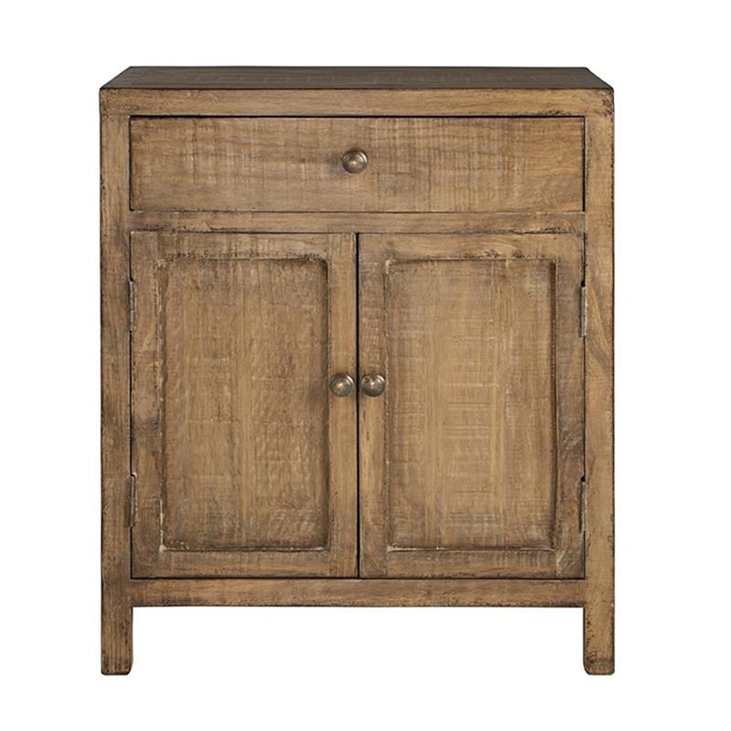 Benjara Lia Small Accent Cabinet- 2 Door- Drawer- Antique Style Natural Wood