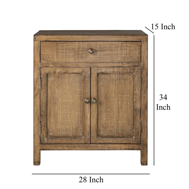 Benjara Lia Small Accent Cabinet- 2 Door- Drawer- Antique Style Natural Wood