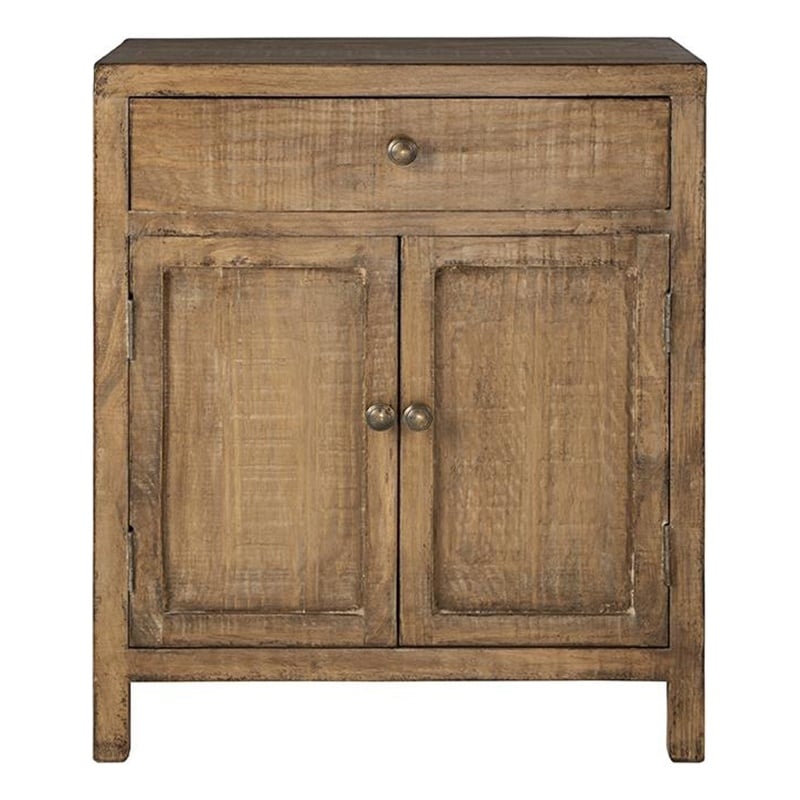 Benjara Lia Small Accent Cabinet- 2 Door- Drawer- Antique Style Natural Wood