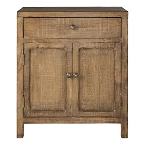 Benjara Lia Small Accent Cabinet- 2 Door- Drawer- Antique Style Natural Wood