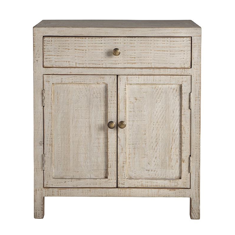Benjara Lia Small Accent Cabinet- 2 Door- Drawer- Antique Style Whitewash Wood