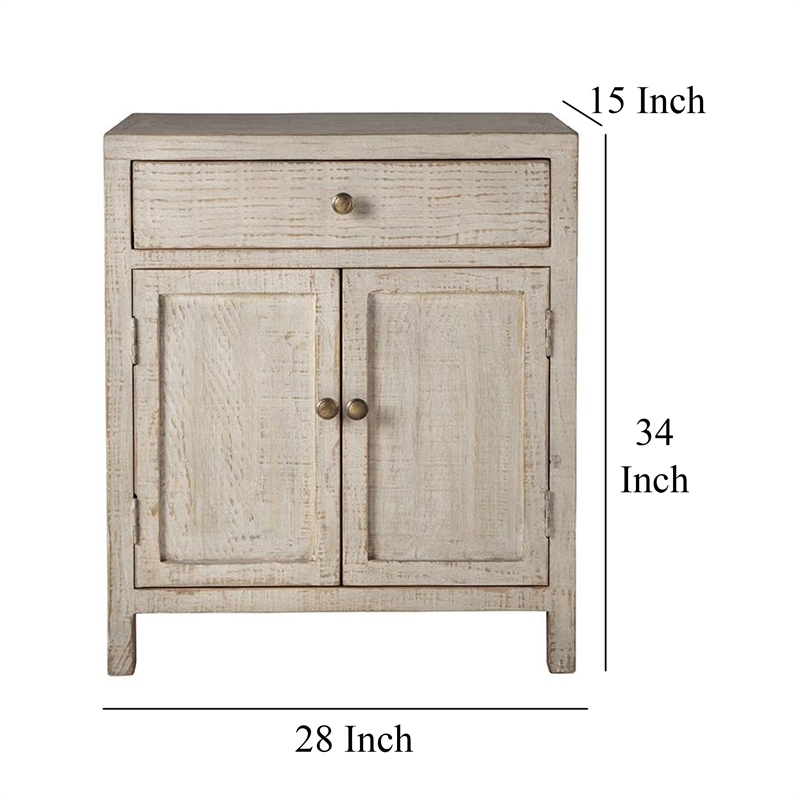 Benjara Lia Small Accent Cabinet- 2 Door- Drawer- Antique Style Whitewash Wood