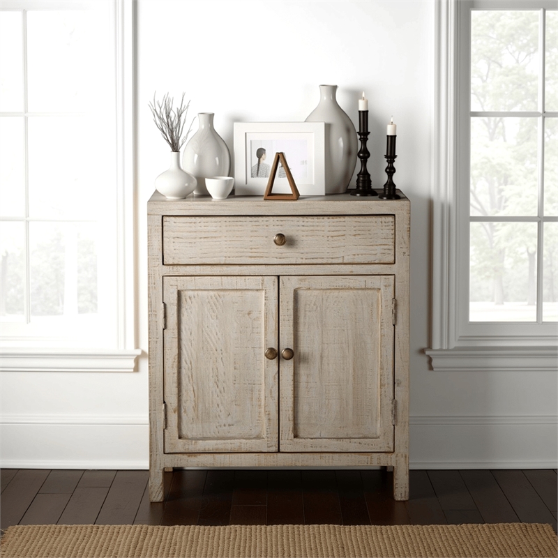 Benjara Lia Small Accent Cabinet- 2 Door- Drawer- Antique Style Whitewash Wood