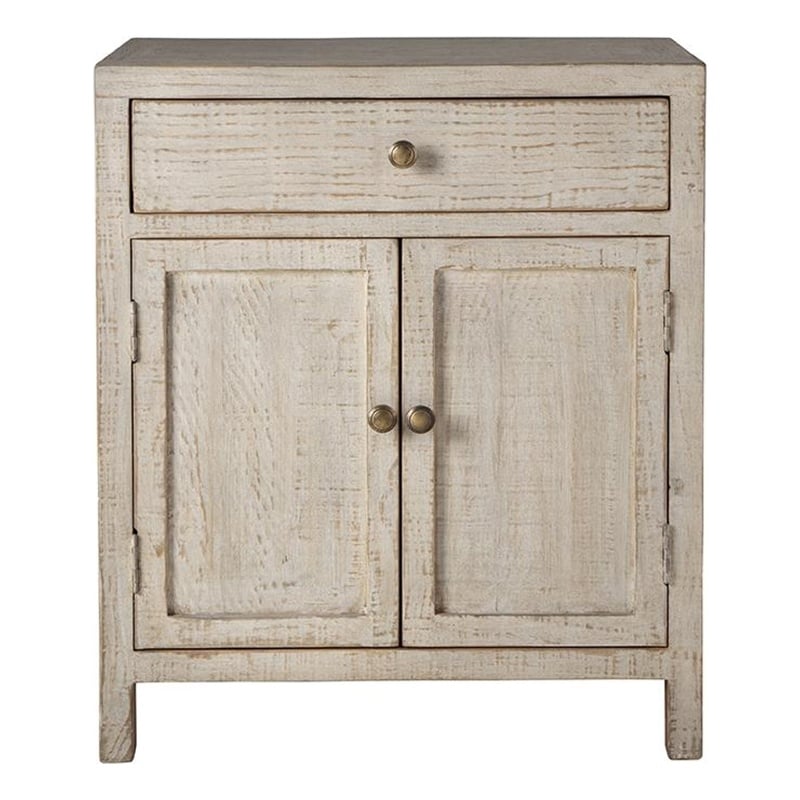 Benjara Lia Small Accent Cabinet- 2 Door- Drawer- Antique Style Whitewash Wood