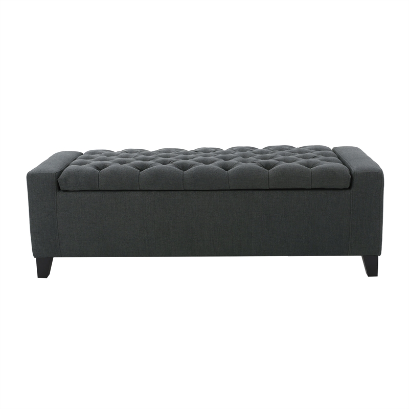 Benjara Storage Ottoman Bench- Dark Gray Fabric- Tufted Top- 51 Inch
