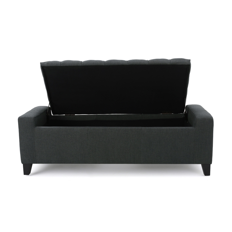 Benjara Storage Ottoman Bench- Dark Gray Fabric- Tufted Top- 51 Inch