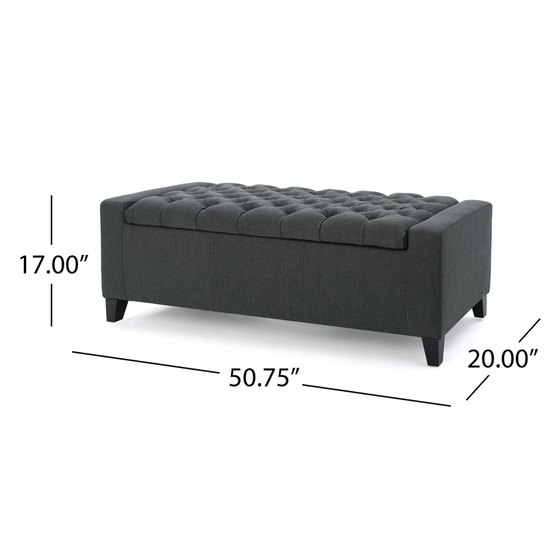 Benjara Storage Ottoman Bench- Dark Gray Fabric- Tufted Top- 51 Inch