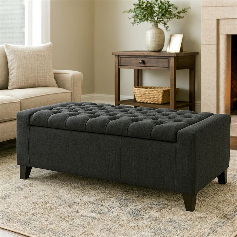 Benjara Storage Ottoman Bench- Dark Gray Fabric- Tufted Top- 51 Inch