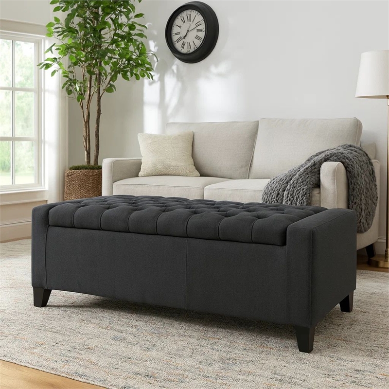 Benjara Storage Ottoman Bench- Dark Gray Fabric- Tufted Top- 51 Inch