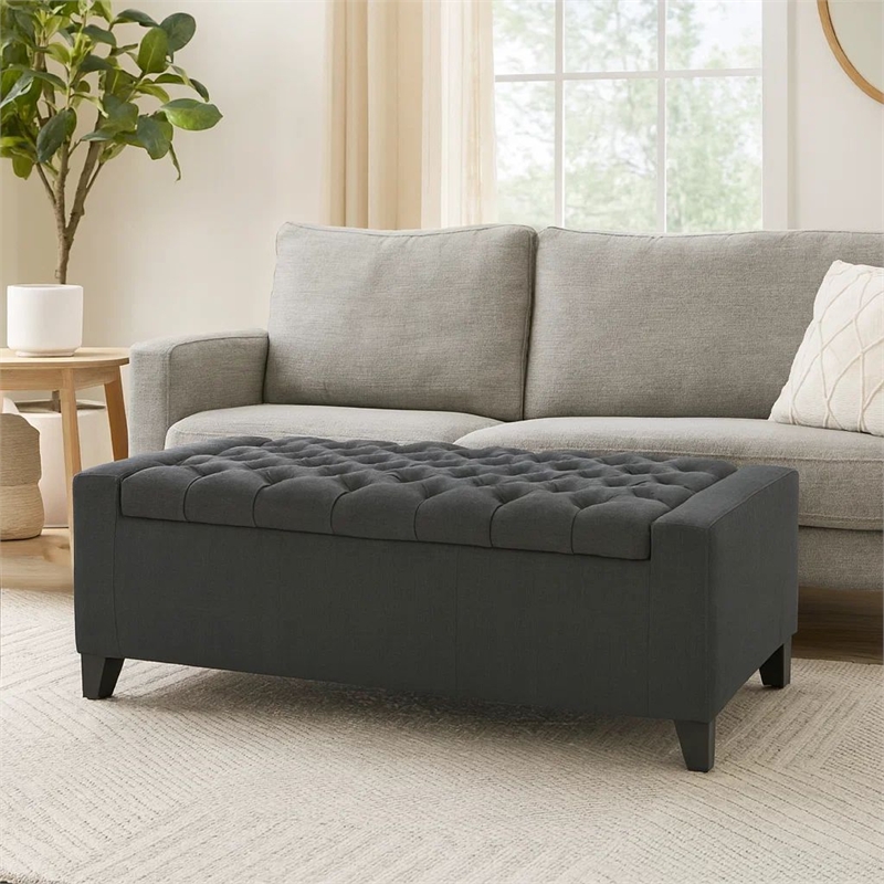 Benjara Storage Ottoman Bench- Dark Gray Fabric- Tufted Top- 51 Inch