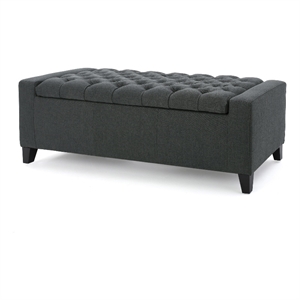 Benjara Storage Ottoman Bench- Dark Gray Fabric- Tufted Top- 51 Inch