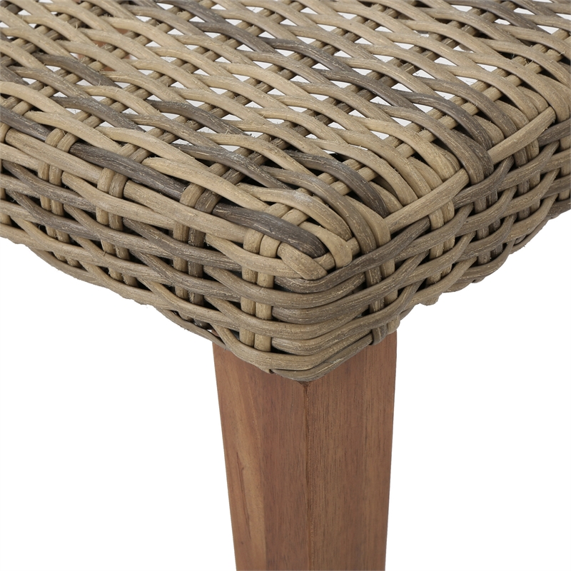 Benjara Bops Outdoor Ottoman- Gray Faux Rattan Wicker- Brown Acacia Wood