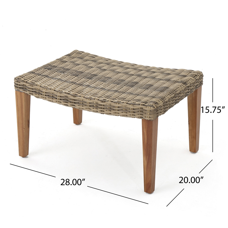 Benjara Bops Outdoor Ottoman- Gray Faux Rattan Wicker- Brown Acacia Wood