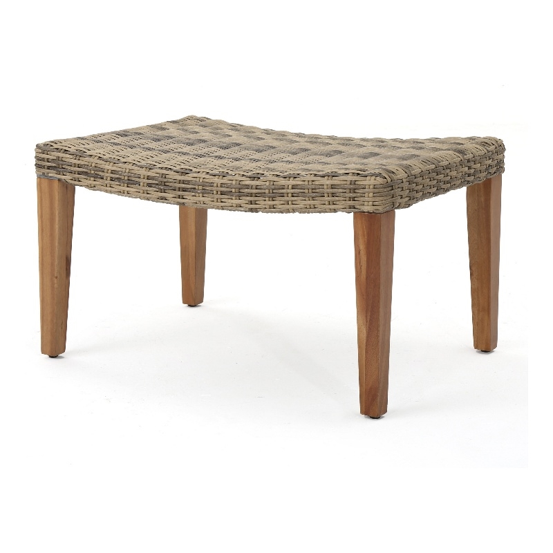 Benjara Bops Outdoor Ottoman- Gray Faux Rattan Wicker- Brown Acacia Wood