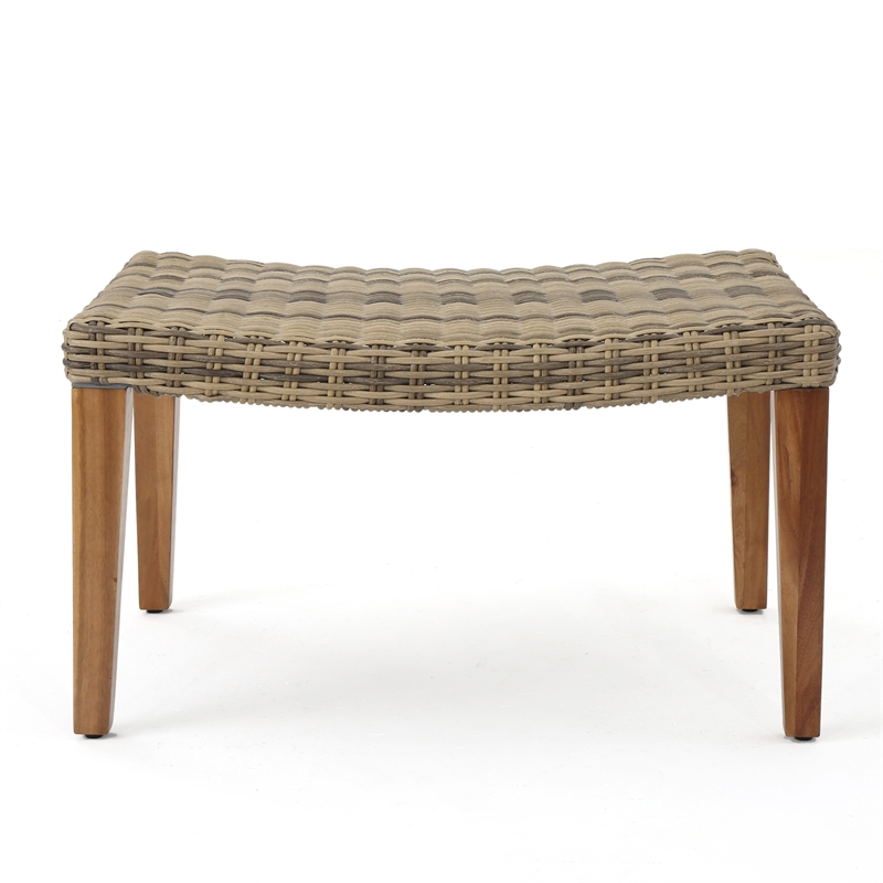 Benjara Bops Outdoor Ottoman- Gray Faux Rattan Wicker- Brown Acacia Wood