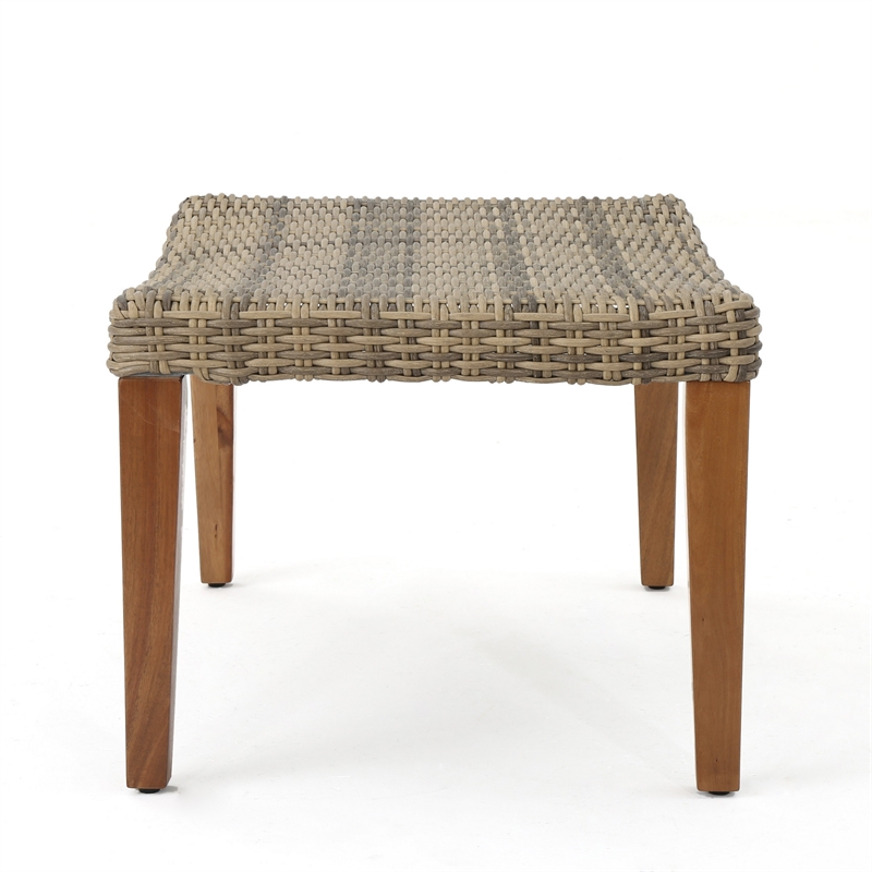 Benjara Bops Outdoor Ottoman- Gray Faux Rattan Wicker- Brown Acacia Wood
