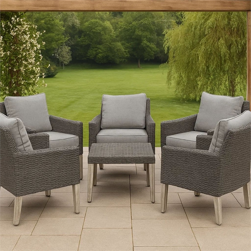 Benjara Bops Outdoor Ottoman- Gray Faux Rattan Wicker- 28