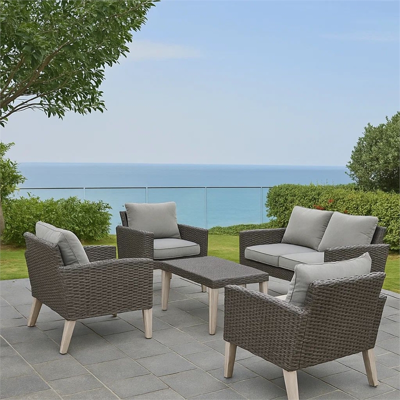 Benjara Bops Outdoor Ottoman- Gray Faux Rattan Wicker- 28