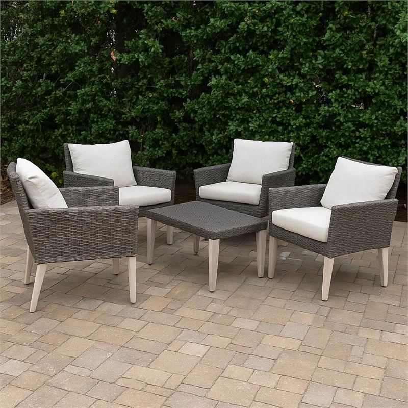Benjara Bops Outdoor Ottoman- Gray Faux Rattan Wicker- 28