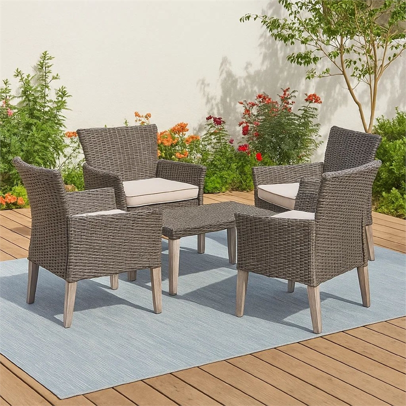 Benjara Bops Outdoor Ottoman- Gray Faux Rattan Wicker- 28