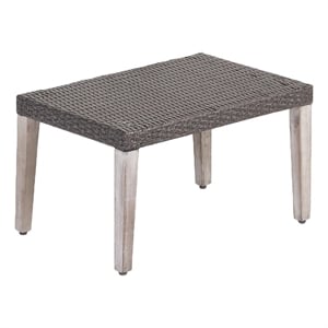 Benjara Bops Outdoor Ottoman- Gray Faux Rattan Wicker- 28&quot Acacia Wood