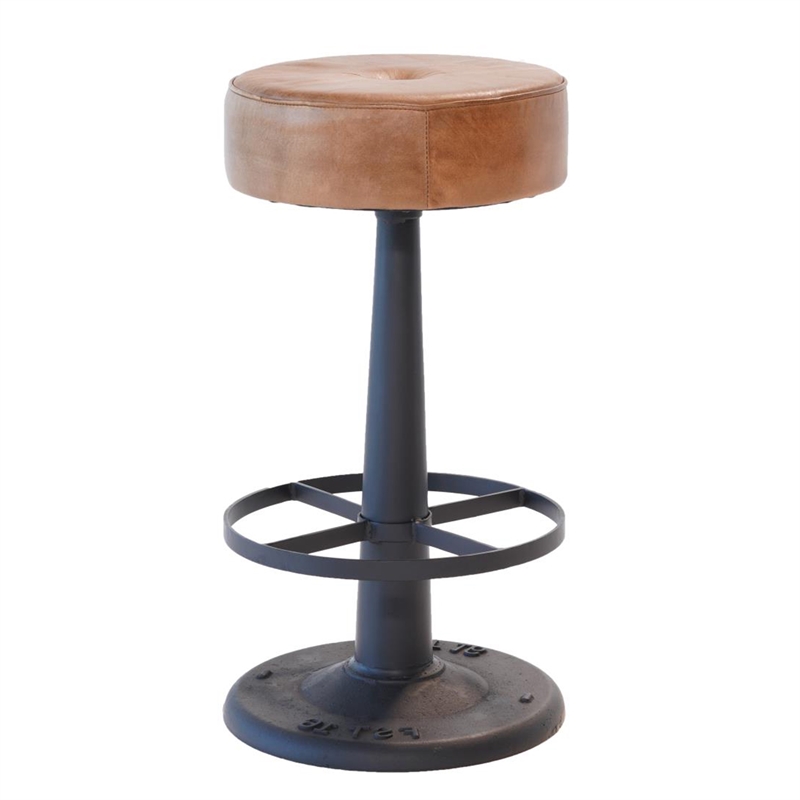 Benjara Counter Stool- Brown Goat Leather- Round Footrest- Black Iron Pedestal