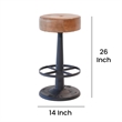 Benjara Counter Stool- Brown Goat Leather- Round Footrest- Black Iron Pedestal
