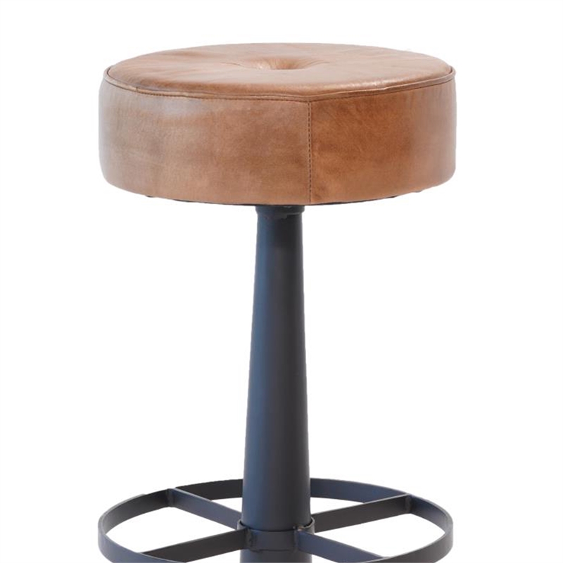 Benjara Counter Stool- Brown Goat Leather- Round Footrest- Black Iron Pedestal