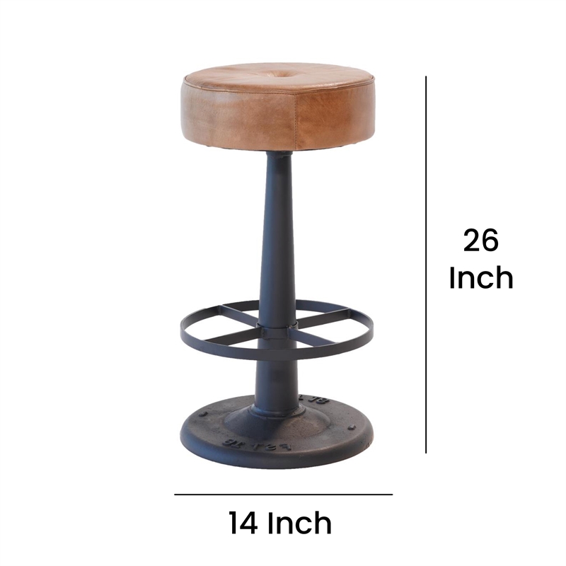 Benjara Counter Stool- Brown Goat Leather- Round Footrest- Black Iron Pedestal