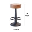 Benjara Counter Stool- Brown Goat Leather- Round Footrest- Black Iron Pedestal