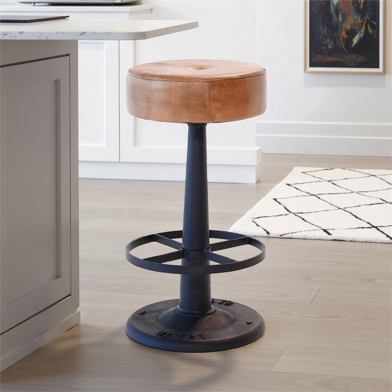 Benjara Counter Stool- Brown Goat Leather- Round Footrest- Black Iron Pedestal