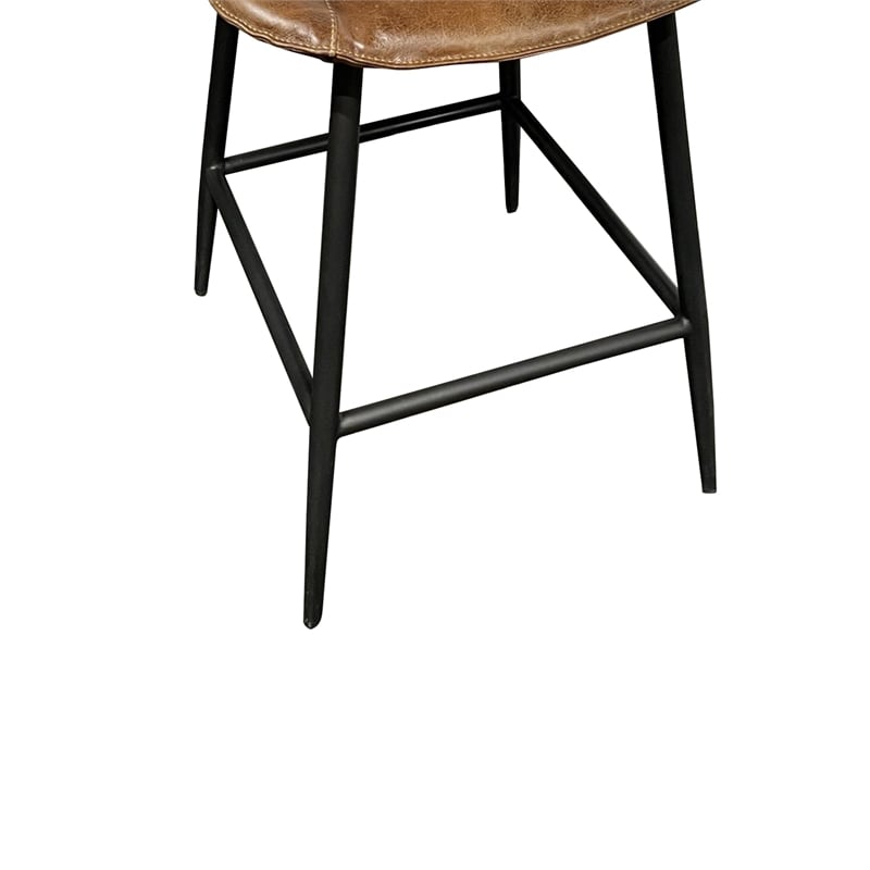 Benjara Swivel Counter Stool Chair- Brown Faux Leather Upholstery- Black Iron