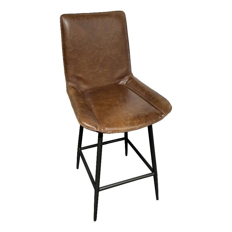 Benjara Swivel Counter Stool Chair- Brown Faux Leather Upholstery- Black Iron