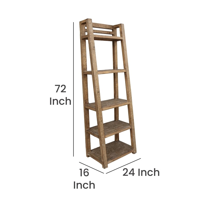 Benjara Bookcase- 5 Tier Ladder Shelves- Rustic Natural Brown Wood- 72 Inch