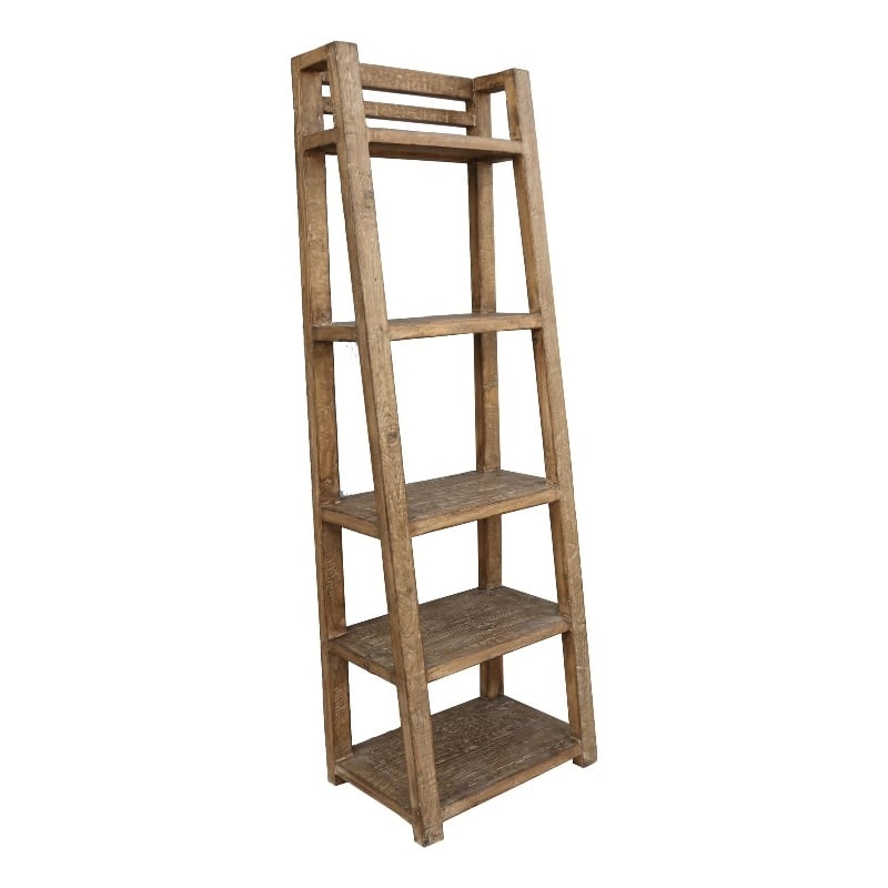 Benjara Bookcase- 5 Tier Ladder Shelves- Rustic Natural Brown Wood- 72 Inch