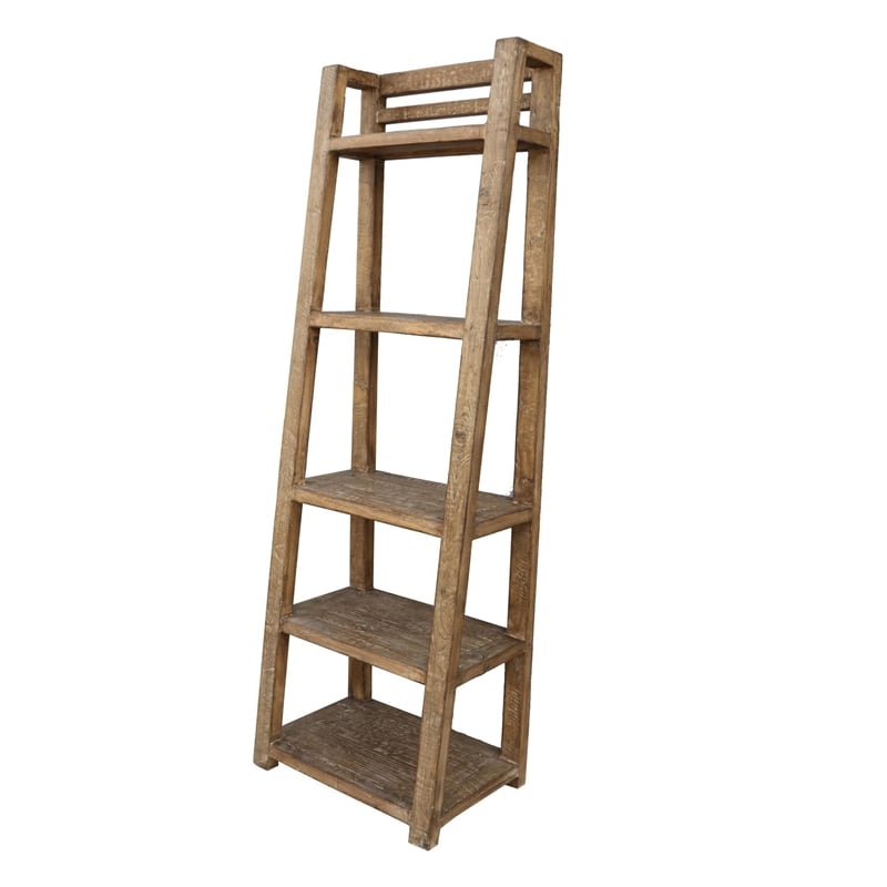 Benjara Bookcase- 5 Tier Ladder Shelves- Rustic Natural Brown Wood- 72 Inch