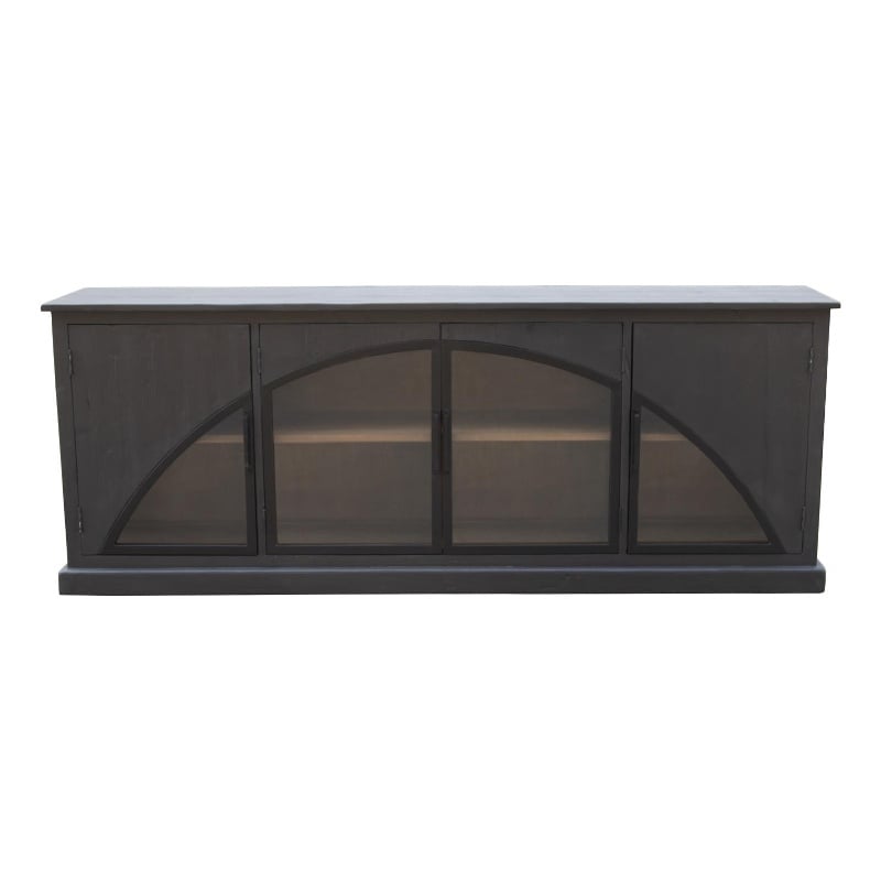 Benjara Evy Wide Sideboard Cabinet- Arch Inspired 4 Glass Doors- Black 96 Inch
