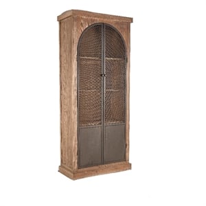 Benjara Ary Curio Cabinet- Arch Iron Mesh Door- 93&quot Tall- Brown Pine Wood